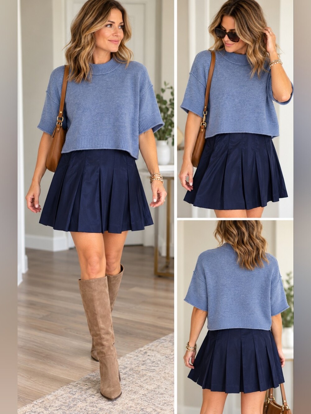 Anthropologie Wool Cashmere Layered Pleated Dress Sweater Set Blue Navy XS/S
